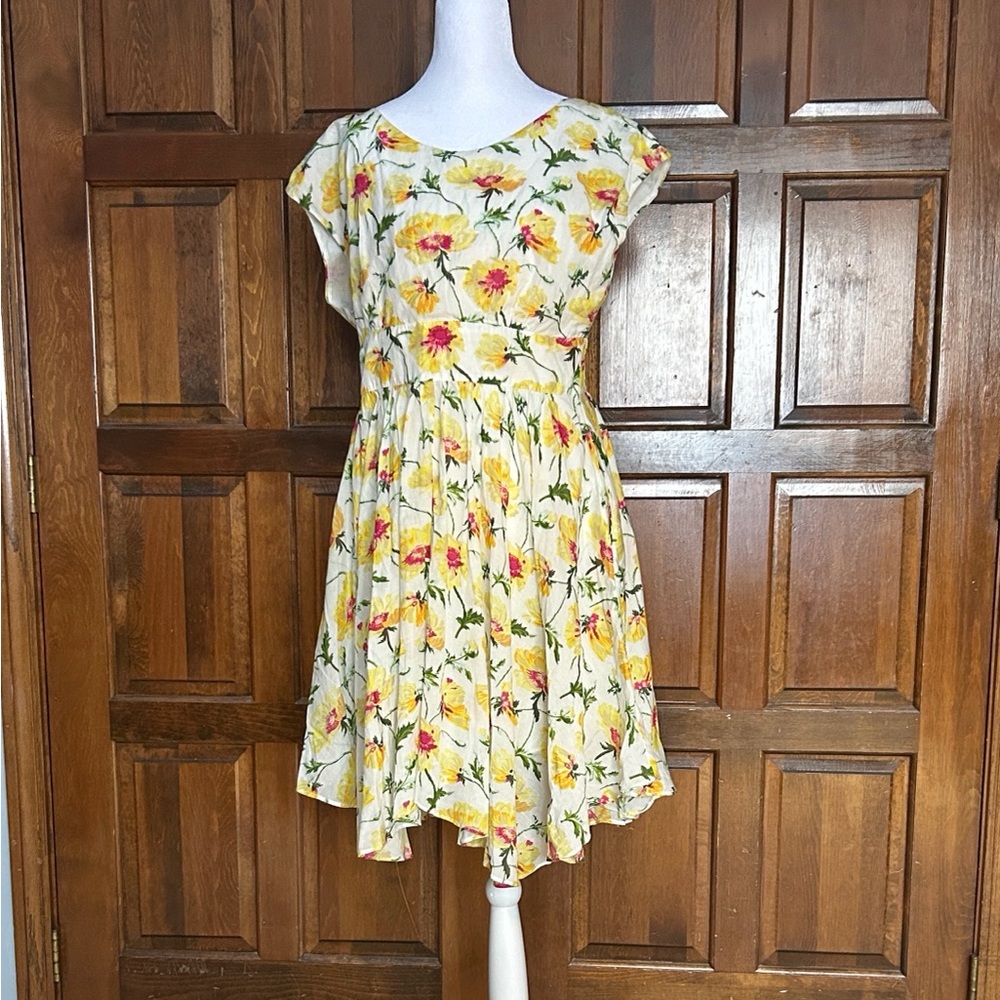 Anthropologie‎ LIL Matilija Yellow Poppy Floral Cotton Dress NWT Petite Size 10P - Picture 2 of 10